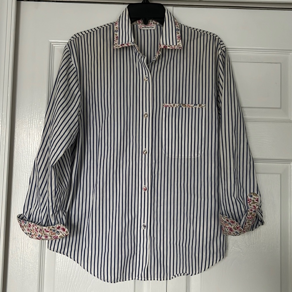 Talbots 90s Vintage Pinstripe Button Down Shirt Floral Trim Blue Pink Green